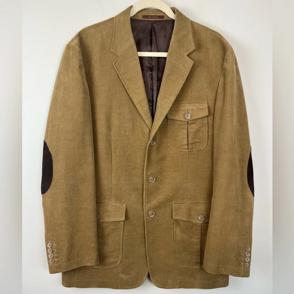 Tasso Elba Corduroy Safari Hunting Style Medium Jacket Cotton Khaki Elbow Patch